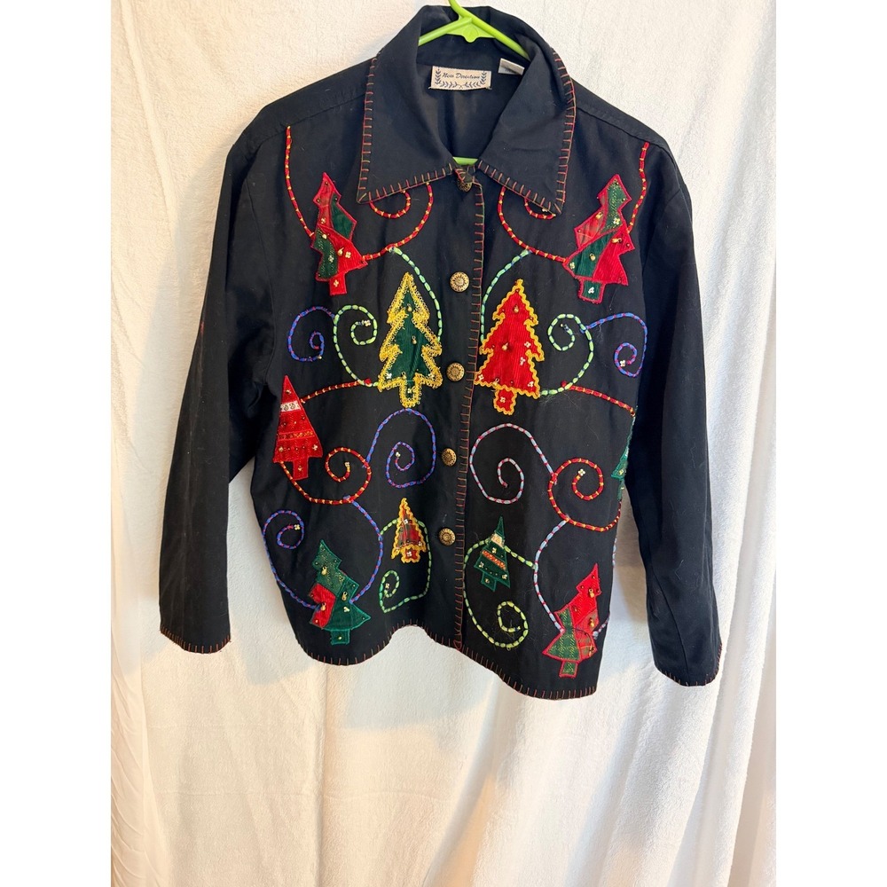 New Direction Women Christmas Tree Embroidered Jacket Black Holiday Button Front
